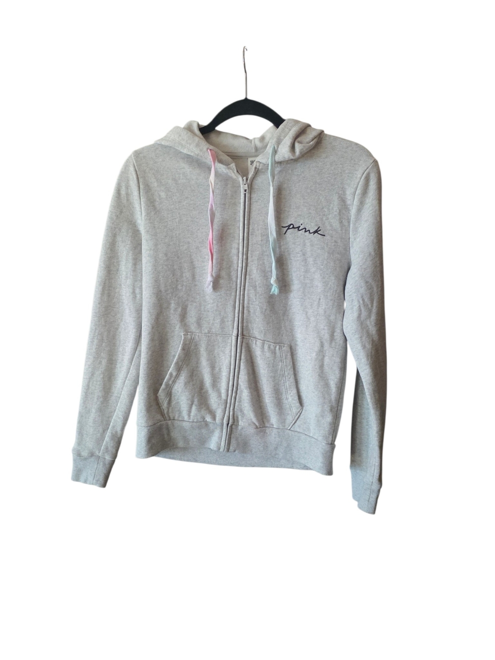PINK Victoria's Secret Light Gray Zip-Up Hoodie with Pastel Drawstrings